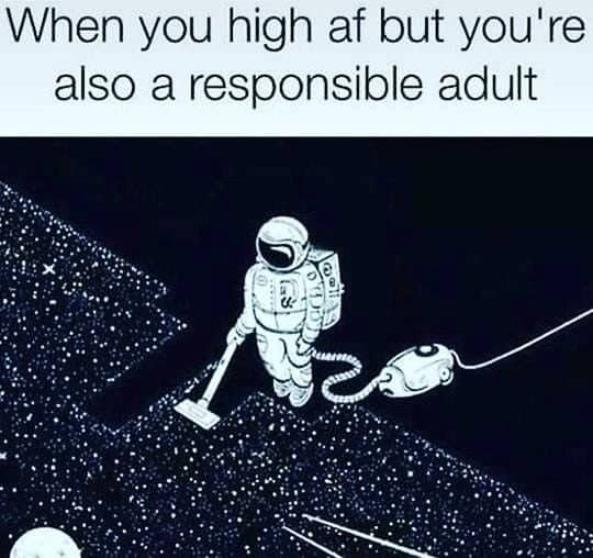 Psychedelic meme showing an astronaut vacuuming outer space while balancing being high and responsible.