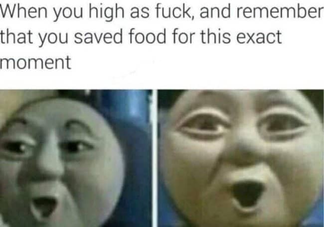 Funny tripping meme with Thomas the Tank Engine looking ecstatic about saving leftover food.