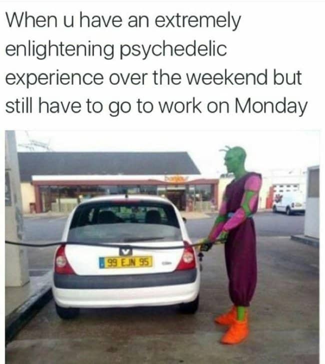 Funny psychedelic meme of Piccolo from Dragon Ball Z pumping gas before Monday work.