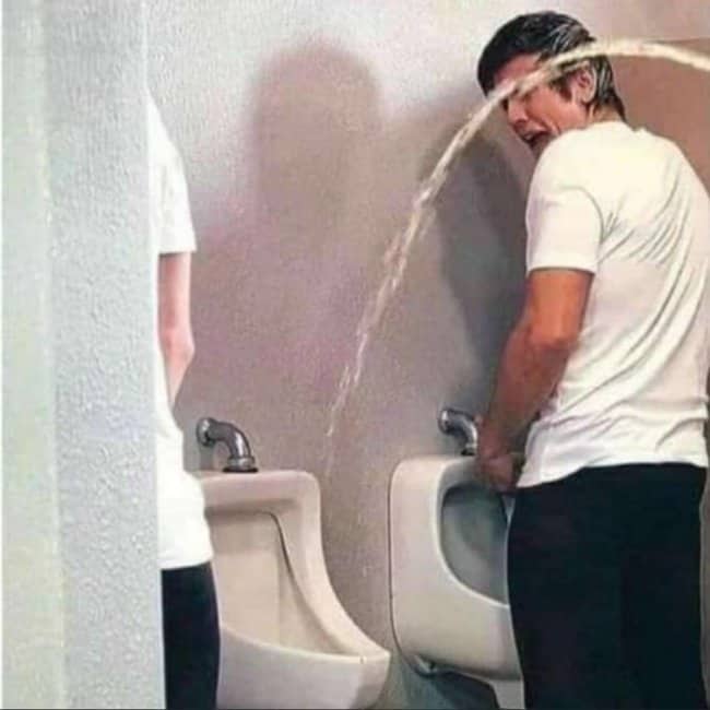 Comedic illustration of a man accidentally curving his urine stream directly onto himself.