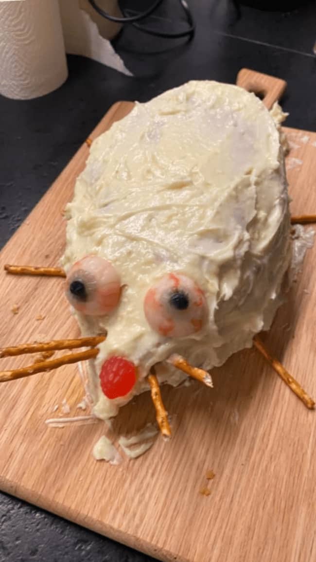 Weird rat shaped cake with gummy candy eyeballs and pretzel stick whiskers on a board.