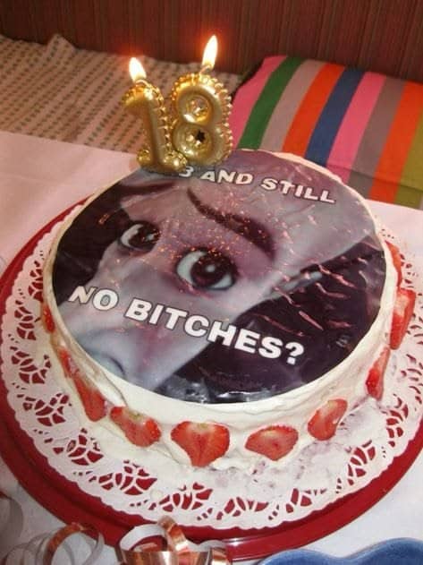 Funny eighteenth birthday cake decorated with the popular Megamind meme asking about having no bitches.