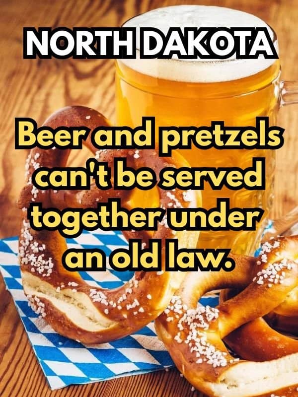 A North Dakota law meme displaying beer and pretzels with text prohibiting them from being served together.