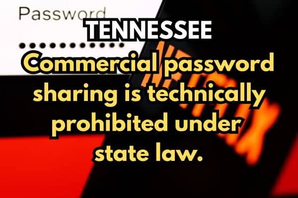 A Tennessee law meme with a Netflix password background explaining state bans on commercial password sharing.
