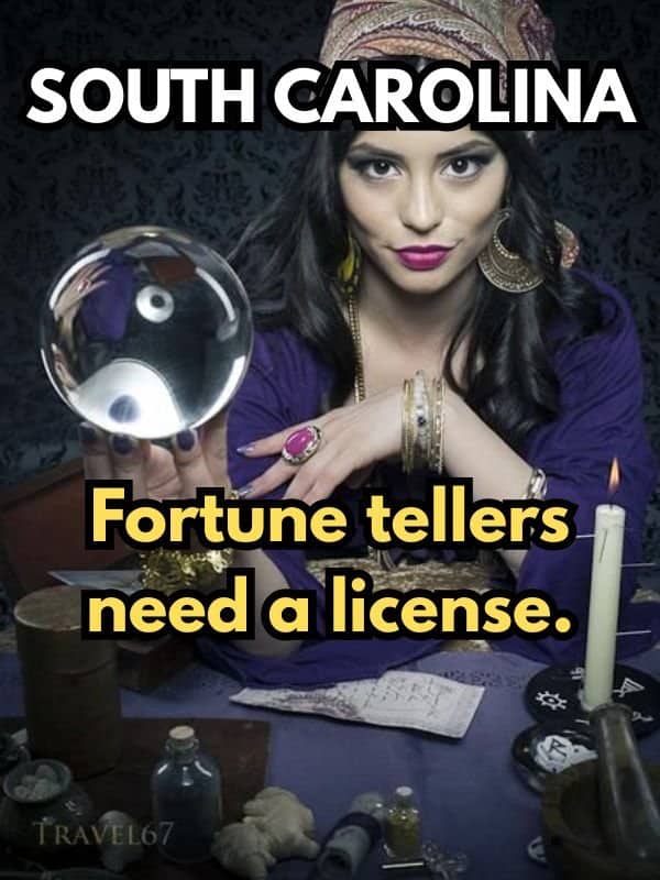 A South Carolina law meme featuring a fortune teller with a crystal ball requiring a state license.