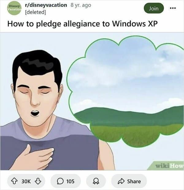 A man holding a hand over his heart with eyes closed as he envisions the iconic Windows XP wallpaper hills in a humorous wikihow meme.