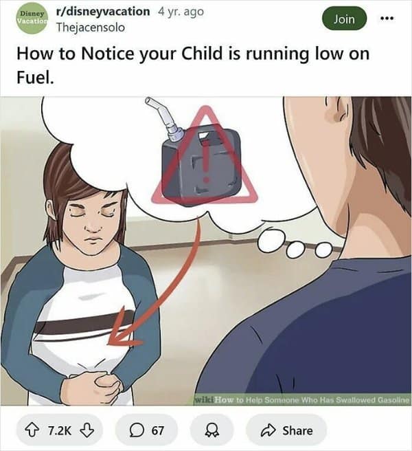 A father watches his young daughter clutch her stomach while imagining a red warning icon over a gas can in a dark humor wikihow meme screenshot.