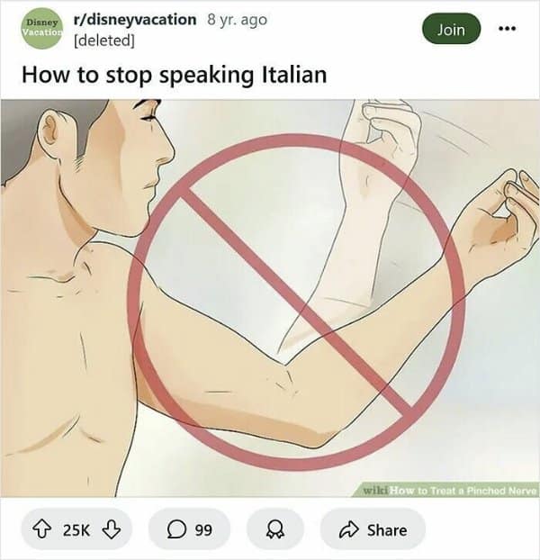 A red prohibition sign drawn over someone raising a hand with pinched fingers, captioning how to stop speaking Italian in a classic wikihow meme.