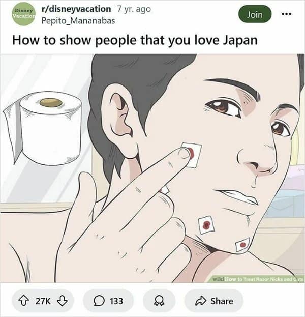 Toilet paper patches covering razor cuts on a man's face look like mini Japanese flags in an absurd wikihow meme panel.