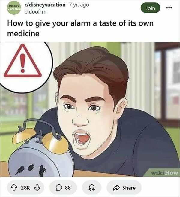An angry guy leaning across his nightstand to scream directly into his twin-bell alarm clock, featured in a relatable wikihow meme.