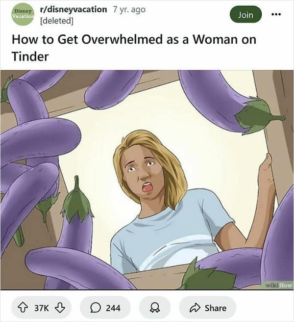 Giant cartoon eggplants closing in on a terrified woman in a dating app inbox metaphor within a popular wikihow meme.