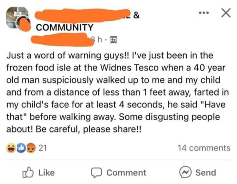 Community Facebook post warning locals about a man farting at a child in Tesco.