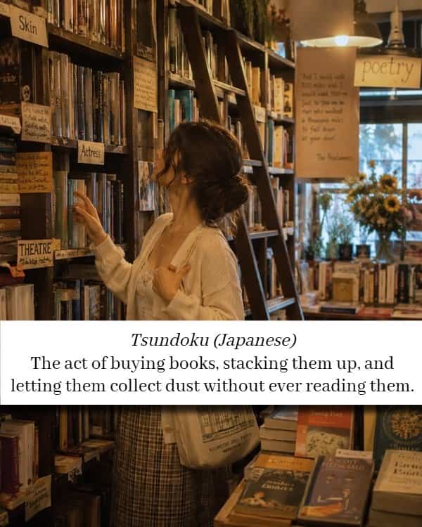 Woman browsing bookstore shelves showing the Japanese untranslatable word Tsundoku for unread books.