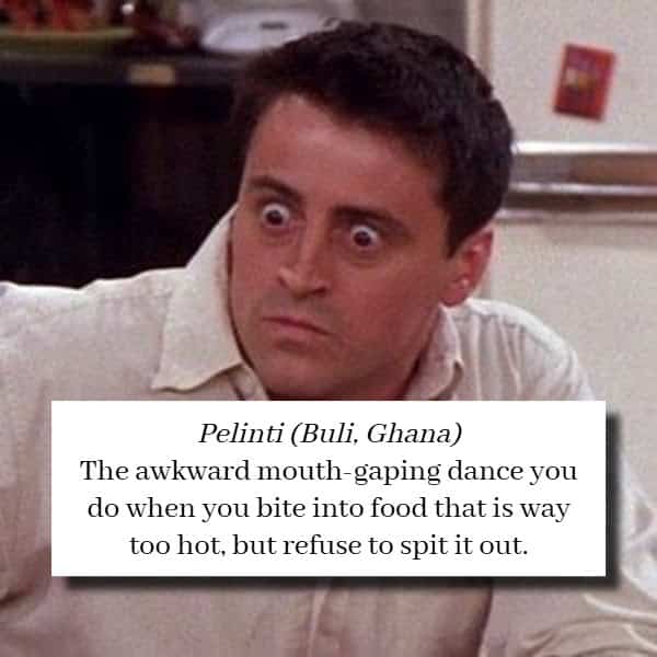Shocked Joey Tribbiani face representing the Ghanaian word Pelinti for eating hot food awkwardly.