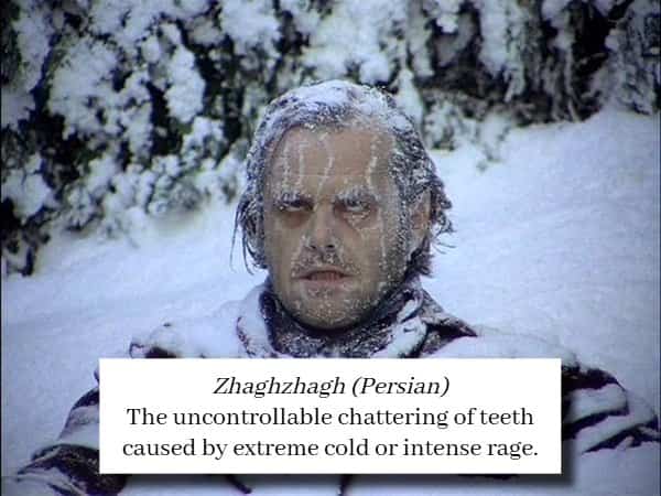Frozen Jack Nicholson in snow illustrating the Persian word Zhaghzhagh for teeth chattering rage.