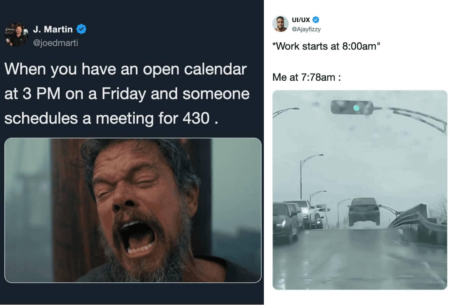 A master work memes gallery capturing the chaotic reality of modern employment, featuring a car flying airborne at 7:58 AM for an 8:00 AM shift, Penelope holding Odysseus' unbendable bow to represent impossible hiring processes, and a driver checking if he put pants on halfway through his morning commute.