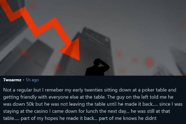 Text over a red downward arrow silhouette detailing one of the worst gambling stories.
