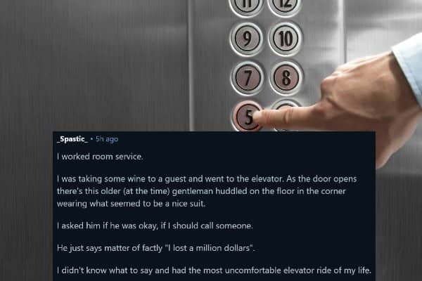 Finger pressing an elevator button paired with one of the saddest worst gambling stories.