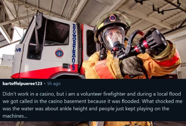 Female volunteer firefighter representing one of the most intensely flooded worst gambling stories.