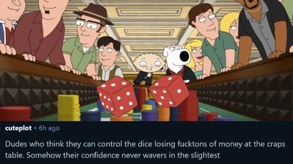 Family Guy characters playing craps showing one of the funniest worst gambling stories.