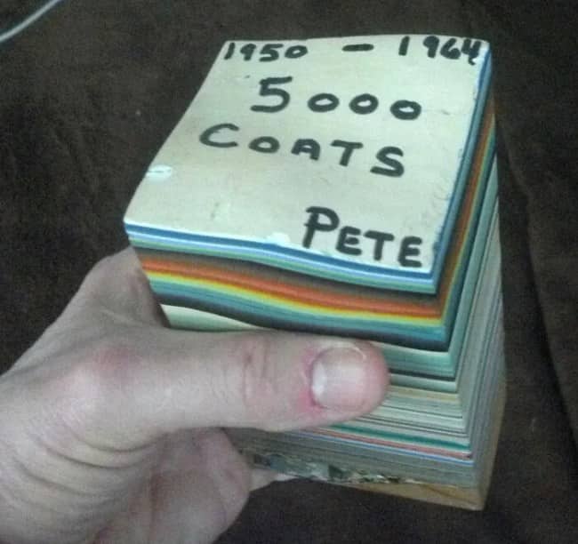 Unique thrift store find showing a thick block of five thousand layers of car paint.
