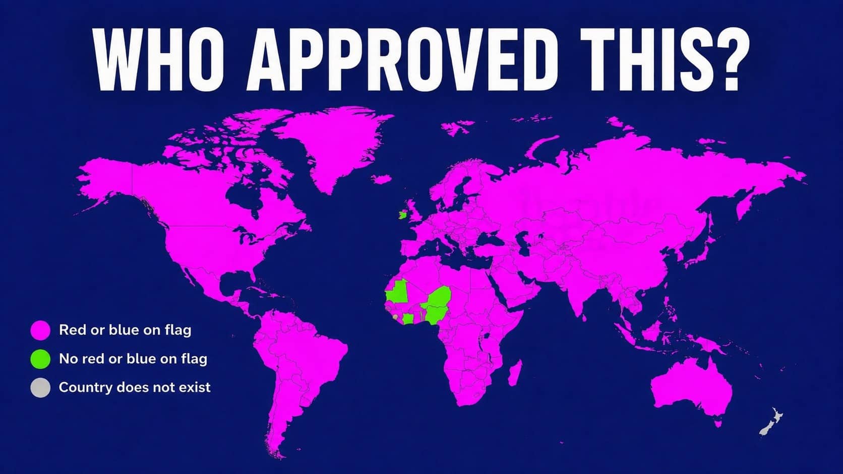 Bright pink world map highlighting flag color presence for funny bad maps collection.