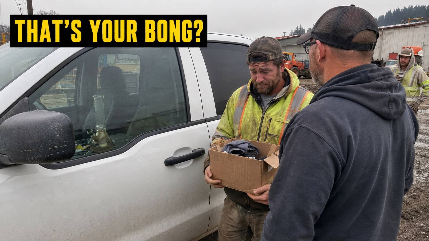 Distressed construction worker carrying a cardboard box while talking next to a white truck.