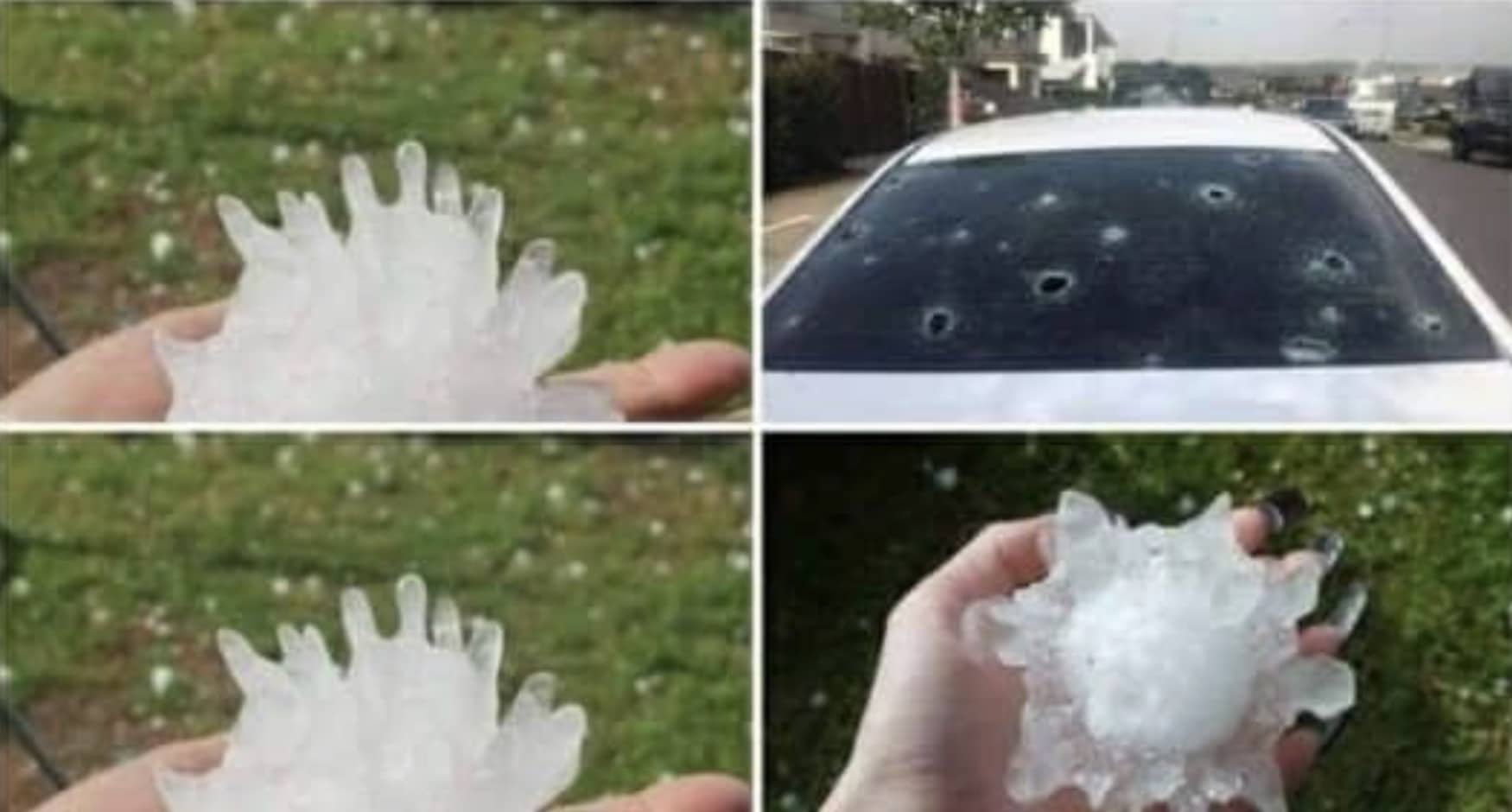 Giant spiked hailstone held in hand and damaged car windshield funny memes gallery.