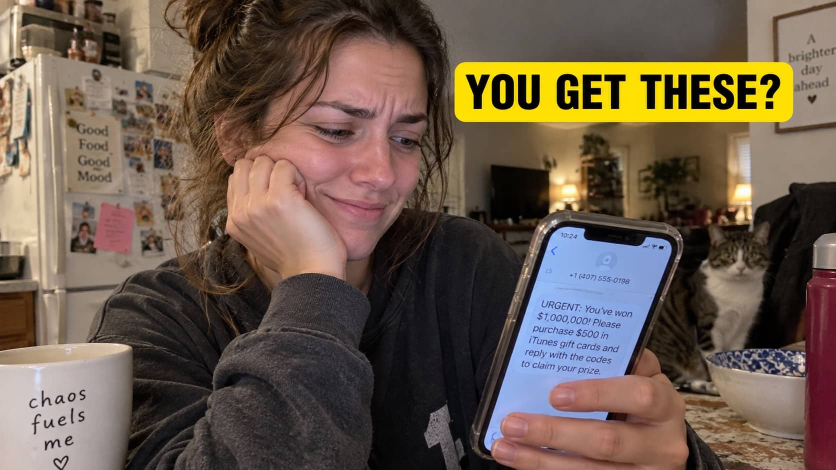 Woman looking at smartphone displaying fake scam text message claiming one million dollar prize win.