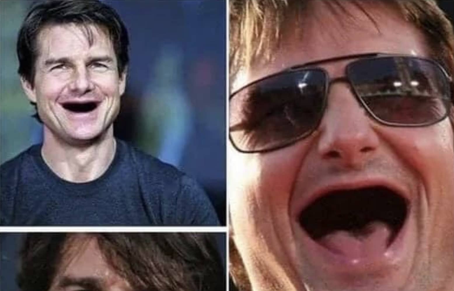 Funny memes photo of Tom Cruise edited to appear without any teeth while laughing.
