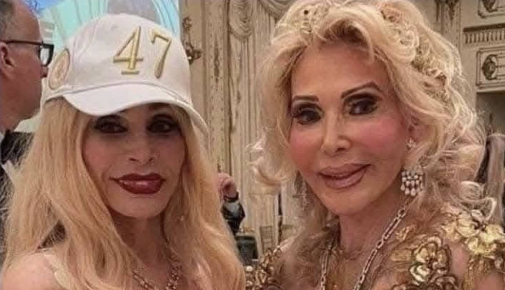 Two blonde women with heavy makeup wearing glamorous gold outfits at a formal event.