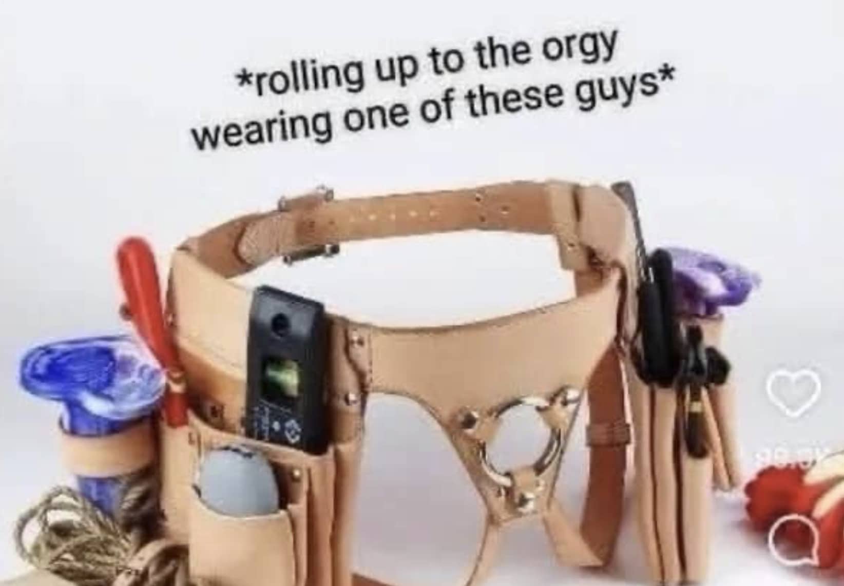 Leather tool belt equipped with adult toys and accessories for funny memes gallery.