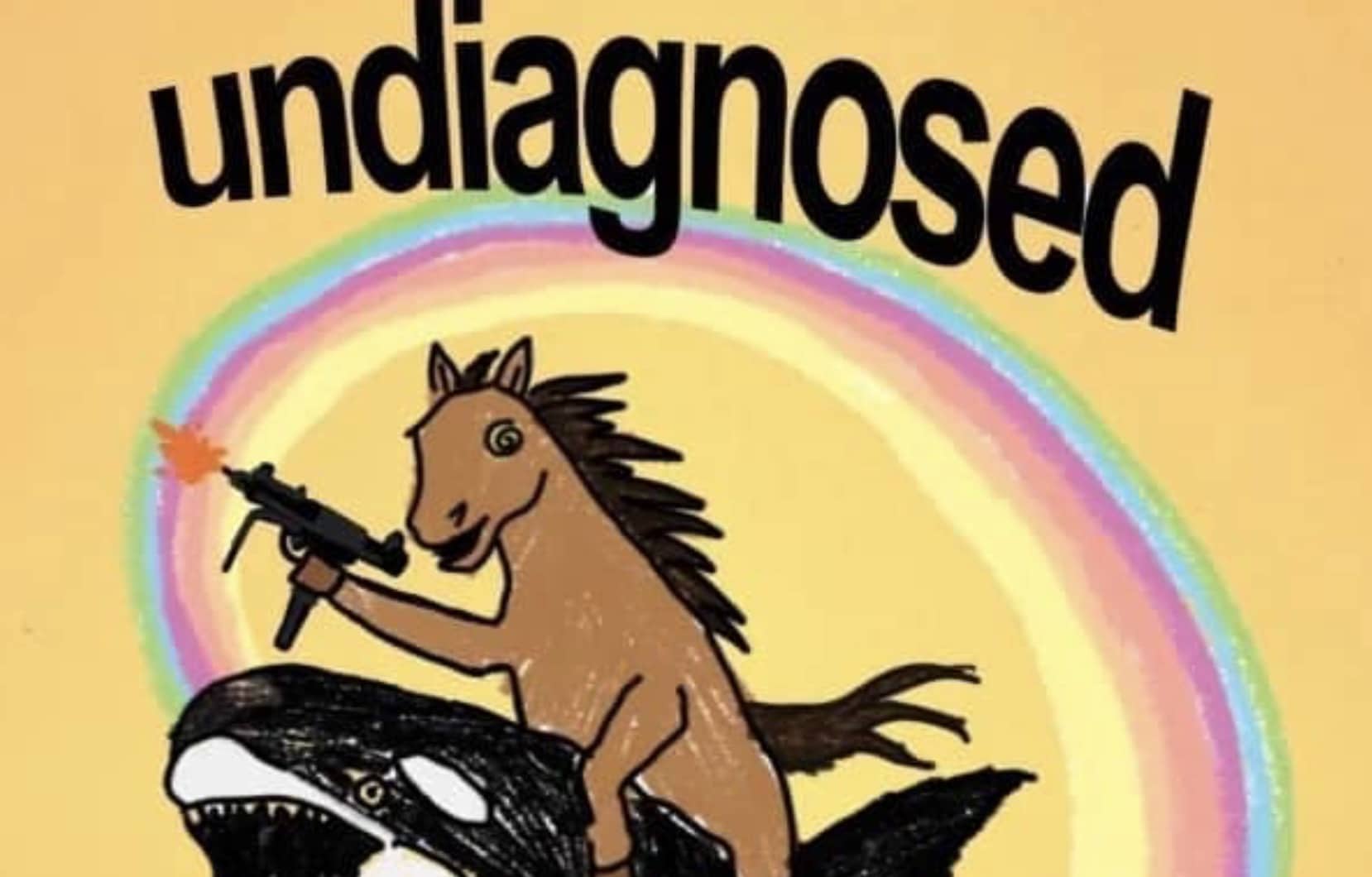 Drawing of a horse riding a killer whale under a rainbow holding a gun for funny memes.