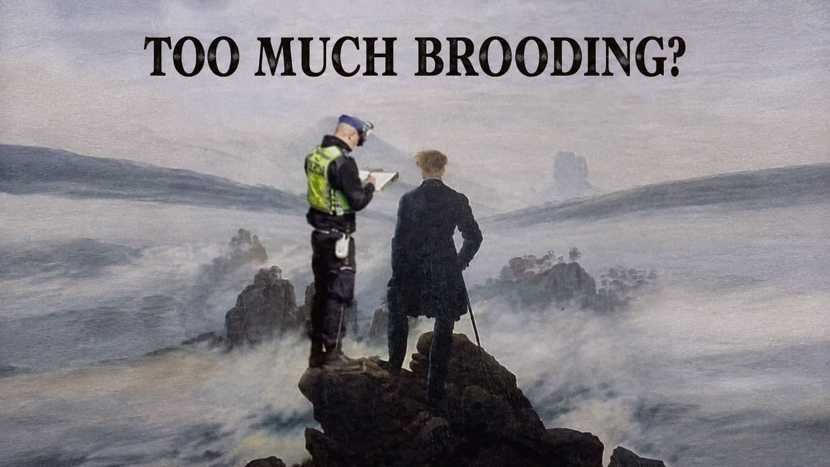 Police officer writing a ticket for a man standing atop misty mountains in philosophy memes.