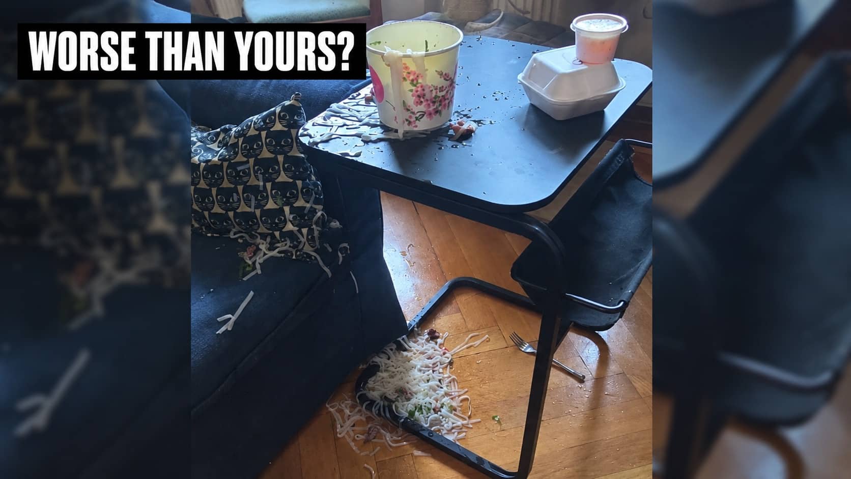 Messy spilled take-out food and noodles covering a small table, couch, and floor. Image 3