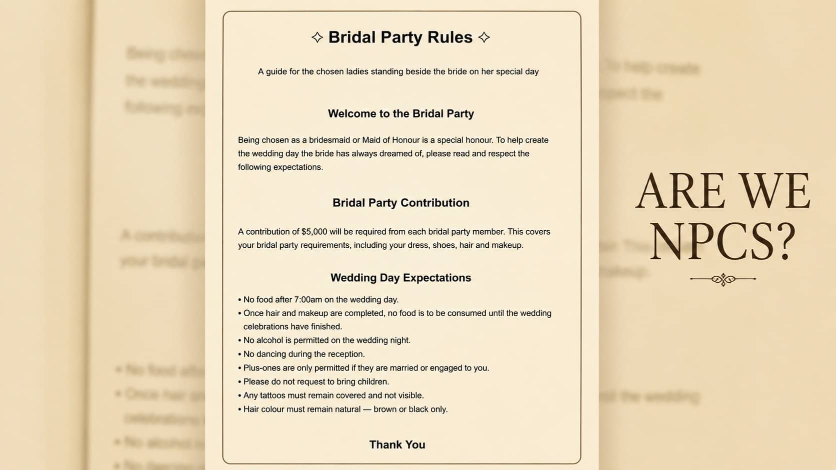 Unreasonable bridal party rules list highlighting strict expectations for funny main character syndrome meme.