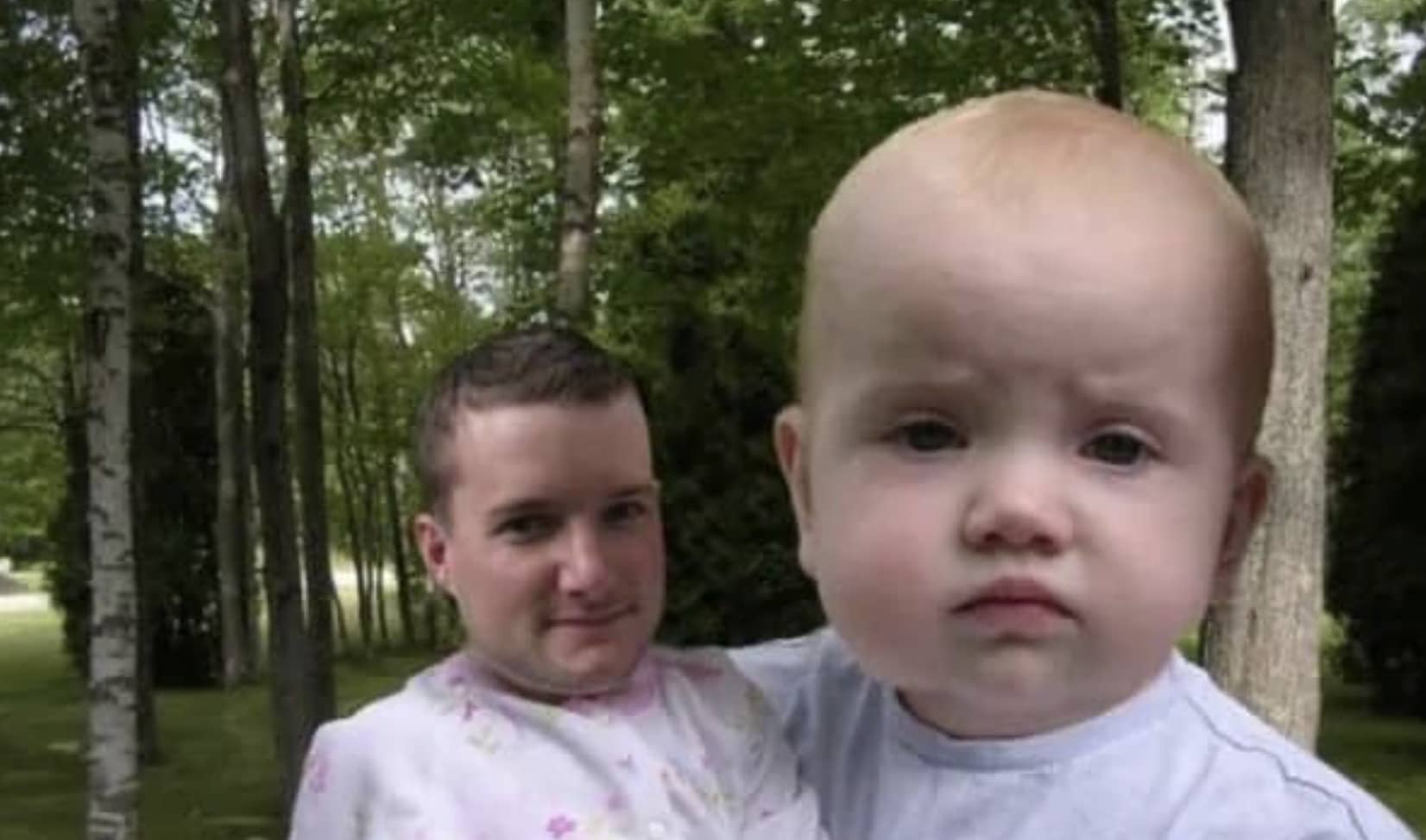 Funny face swap photo of a father and baby boy outdoors hilarious memes.