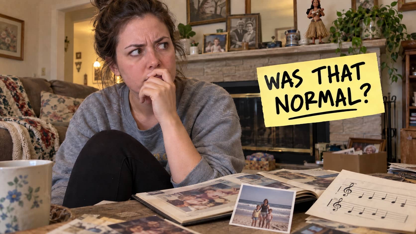 Concerned woman looking through old family photos questioning past childhood experiences with deep thought.
