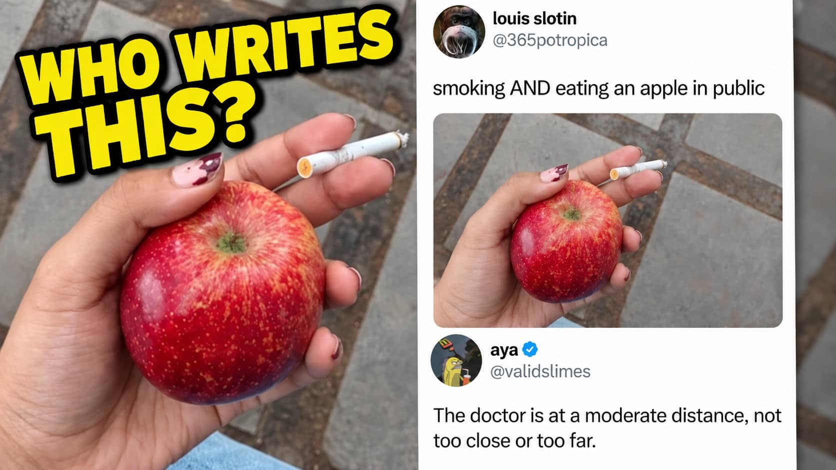 Hand holding red apple and lit cigarette representing funny viral post slow clap memes.
