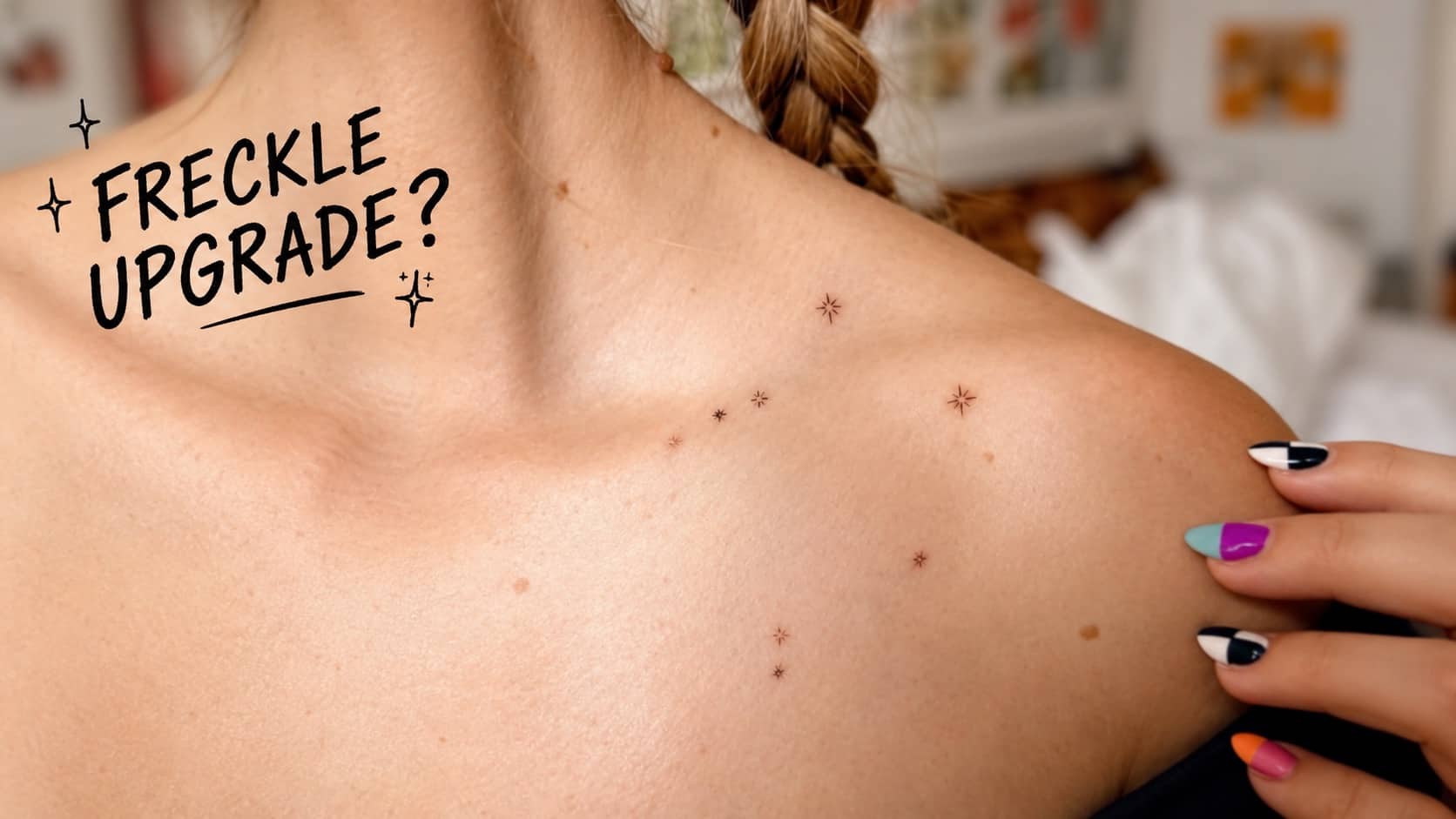 Close up of tiny star constellation tattoos connecting freckles on a woman's shoulder.