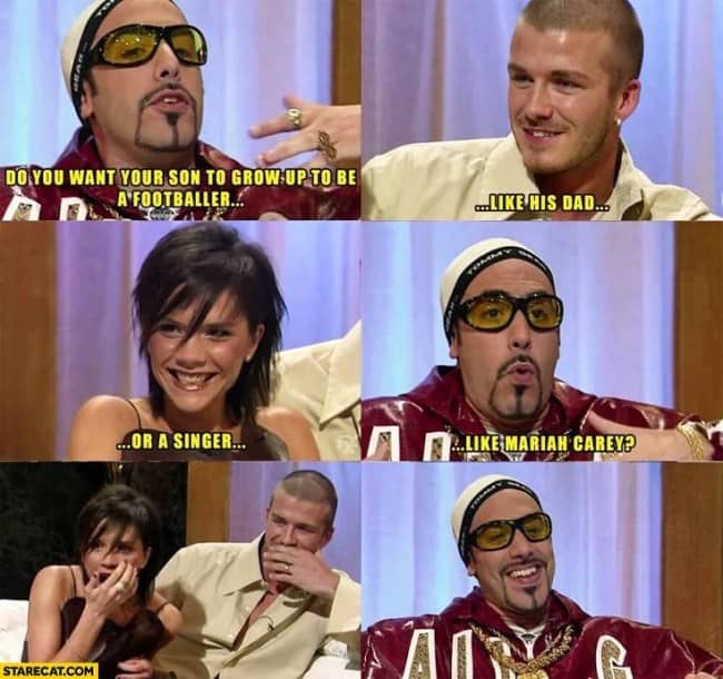 Ali G interviewing David and Victoria Beckham about their son in 2000s meme screenshot.