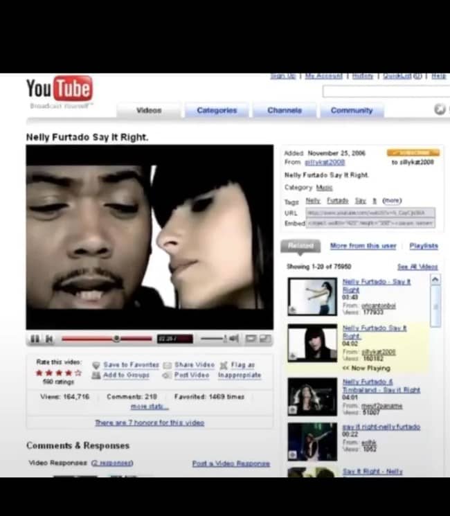 Classic 2000s YouTube interface playing Nelly Furtado and Timbaland music video Say It Right.