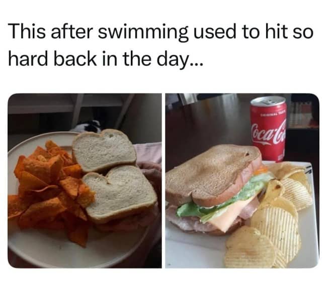 Post swimming snack featuring ham sandwich chips and red Coca Cola can 2000s nostalgia.