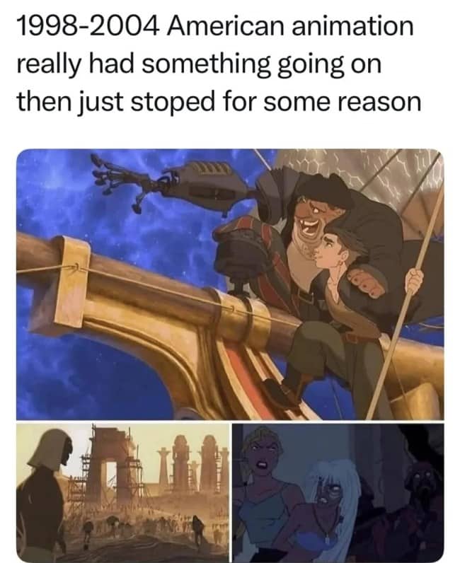 Animated movies Treasure Planet Prince of Egypt and Atlantis representing 2000s classic animation era.