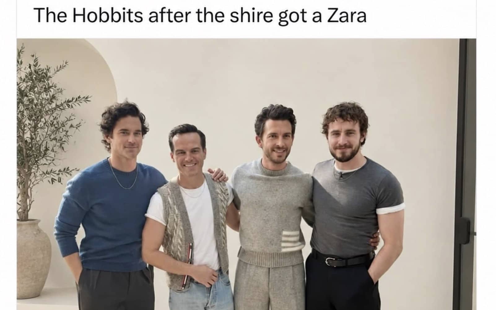 Stylish actors standing together in trendy outfits with a funny meme caption about Hobbits.