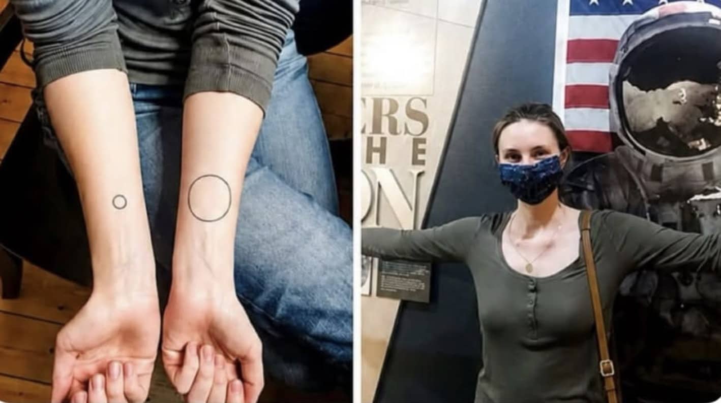 Side-by-side comparison of simple circular wrist tattoos next to a woman wearing a face mask.