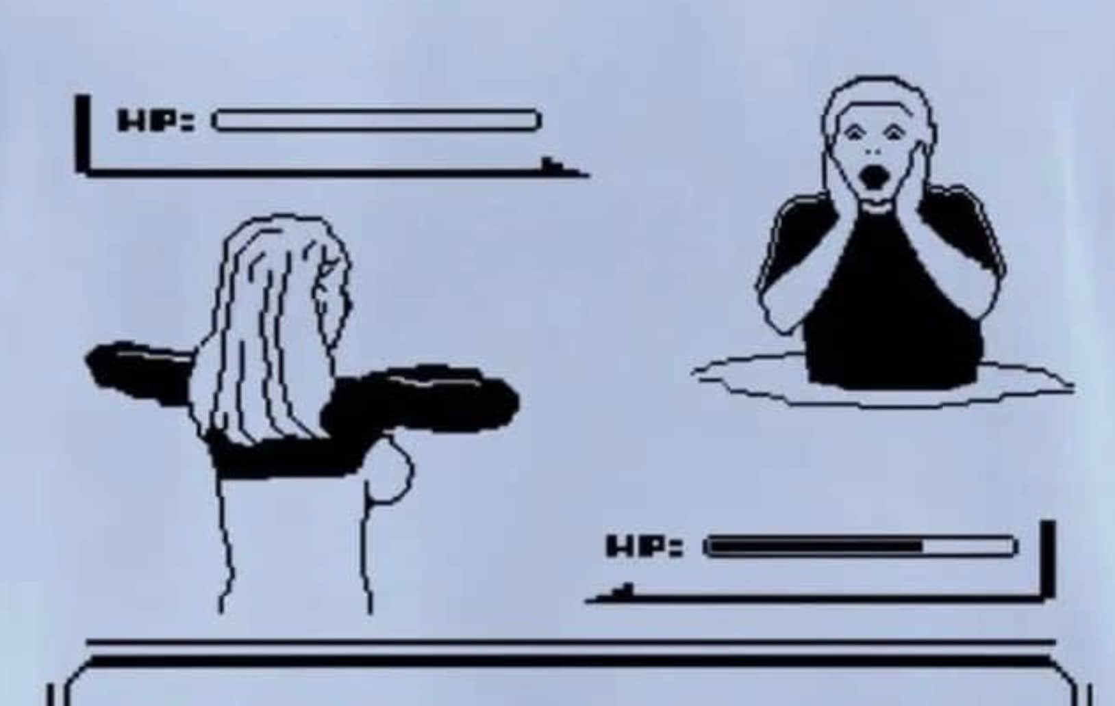 Pixel art retro game battle screen featuring a woman T-posing against a shocked opponent meme.