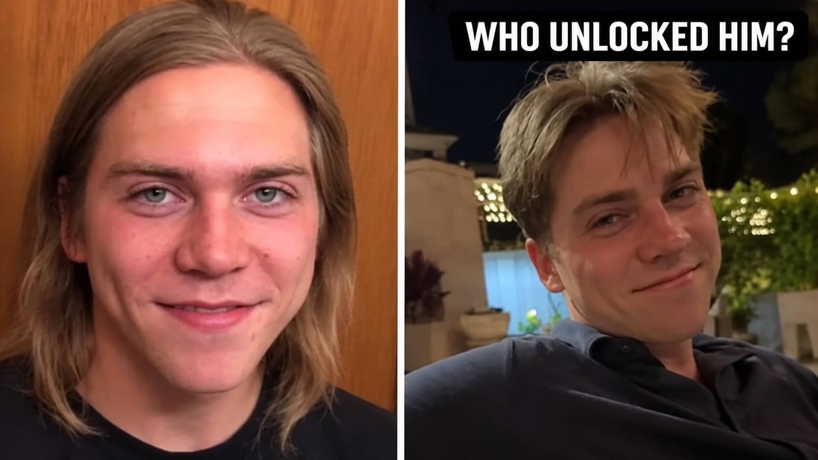 Side by side comparison of a man before and after receiving a stylish haircut upgrade.