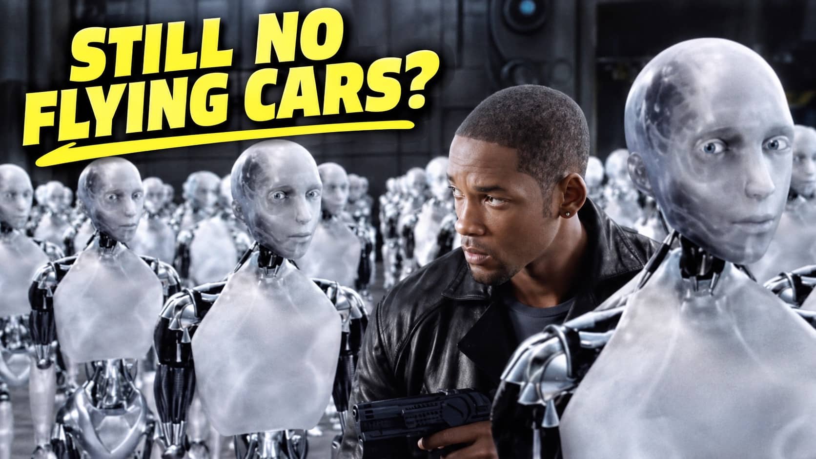 Will Smith surrounded by futuristic robots with text asking still no flying cars dystopian future memes.