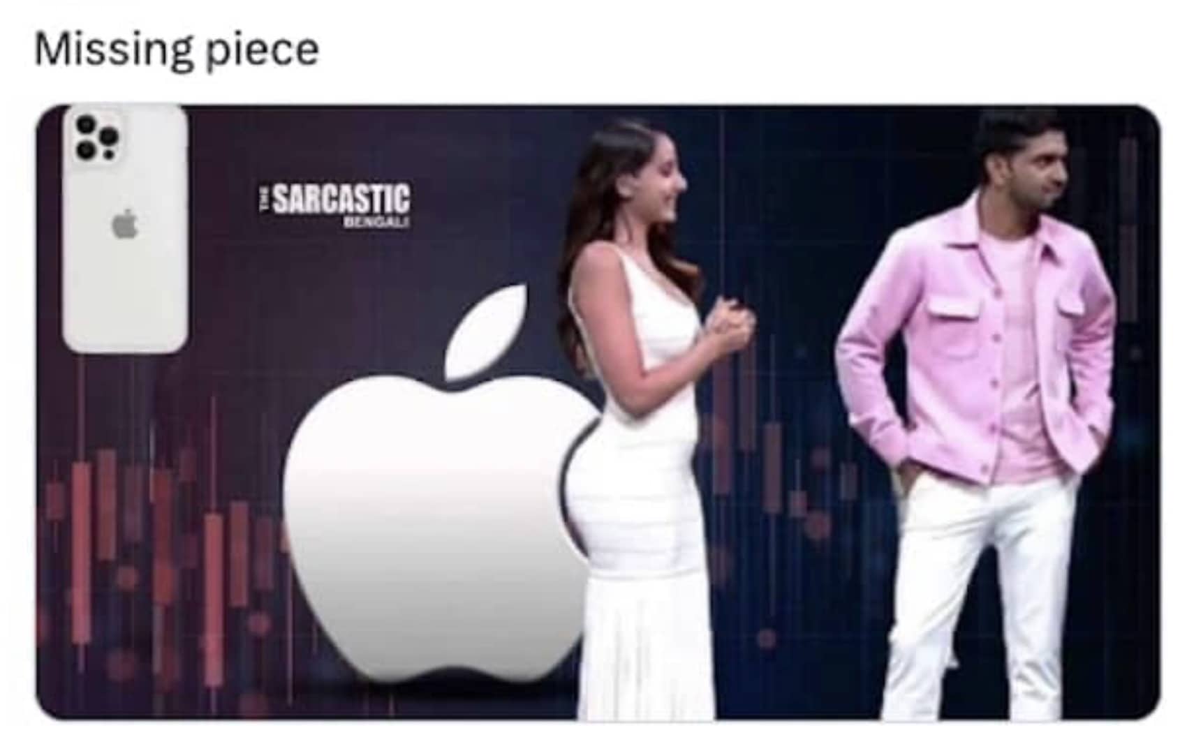 Apple logo aligned with woman in white dress labeled as missing piece funny meme